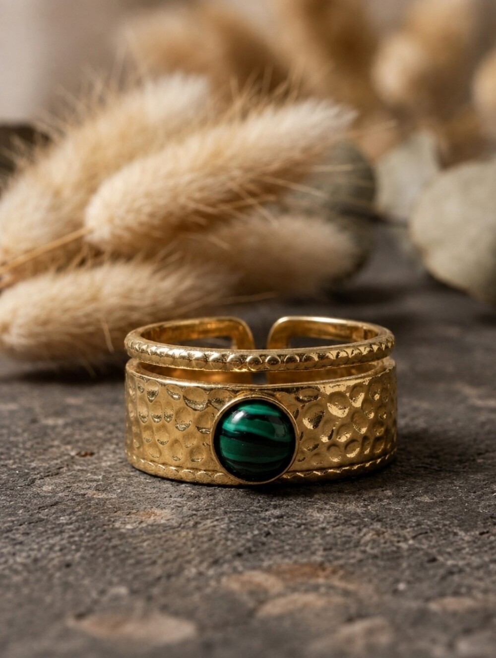 Malachite Cabochon Open Band Ring 18K Gold Plated Hammered Statement Size 7